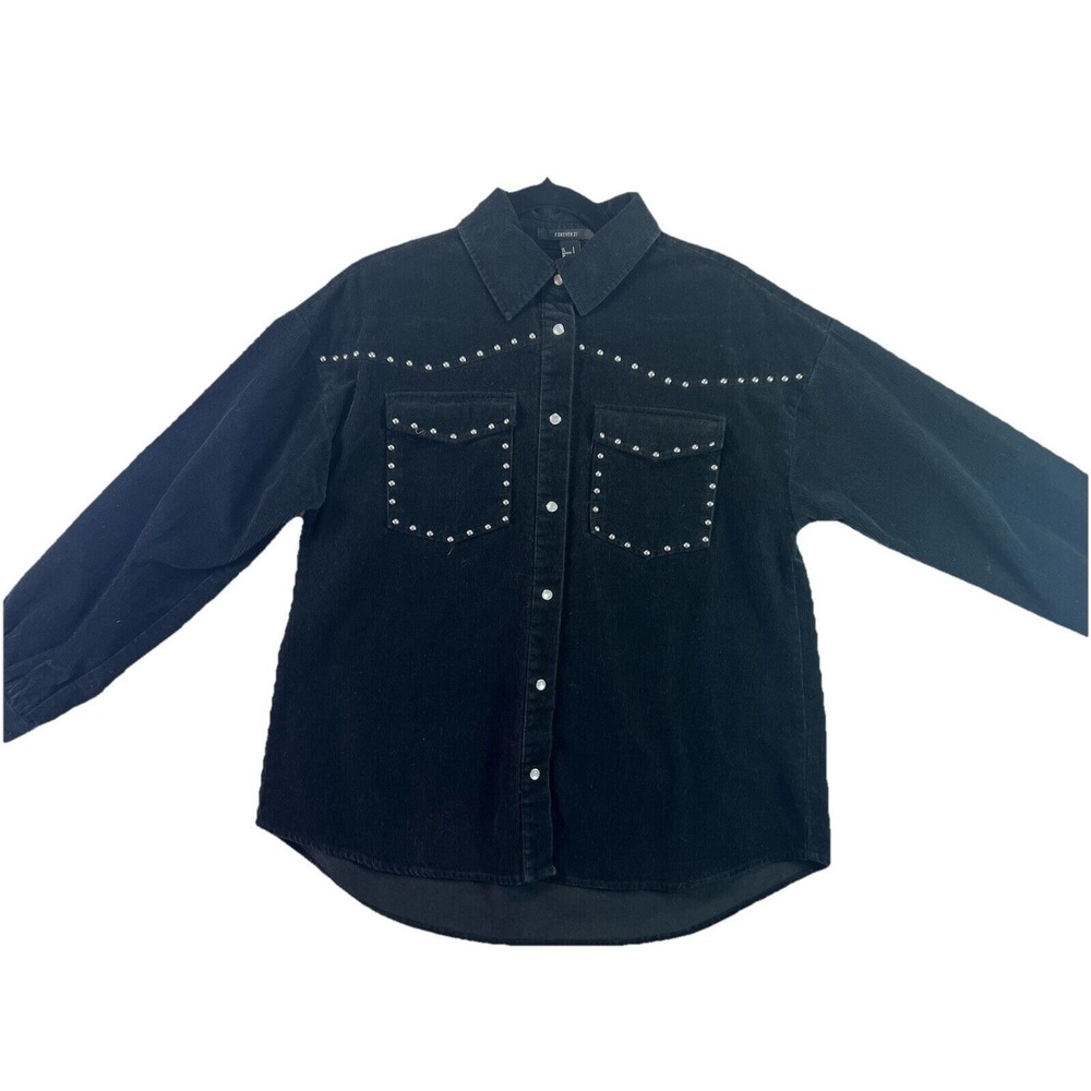 Forever‎ 21 Corduroy Button Up Shacket Shirt Black Studded Women's Size Small